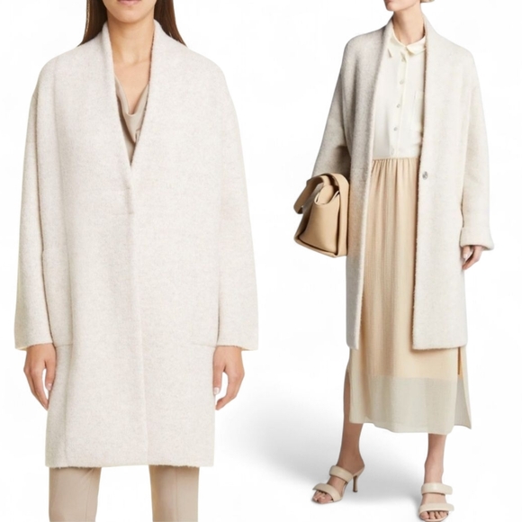 VINCE Bouclé Oatmeal Wool/Alpaca Blend Brushed Knit Long Cardigan Sweater SZ L - Picture 2 of 14